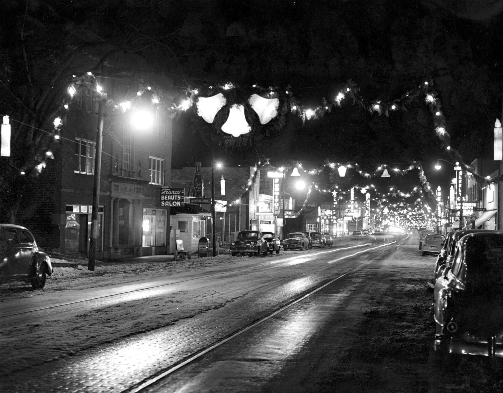 Christmas lights and decorations looking west from 59th and Military streets in Benson. Photo ran on Dec. 4, 1952.
